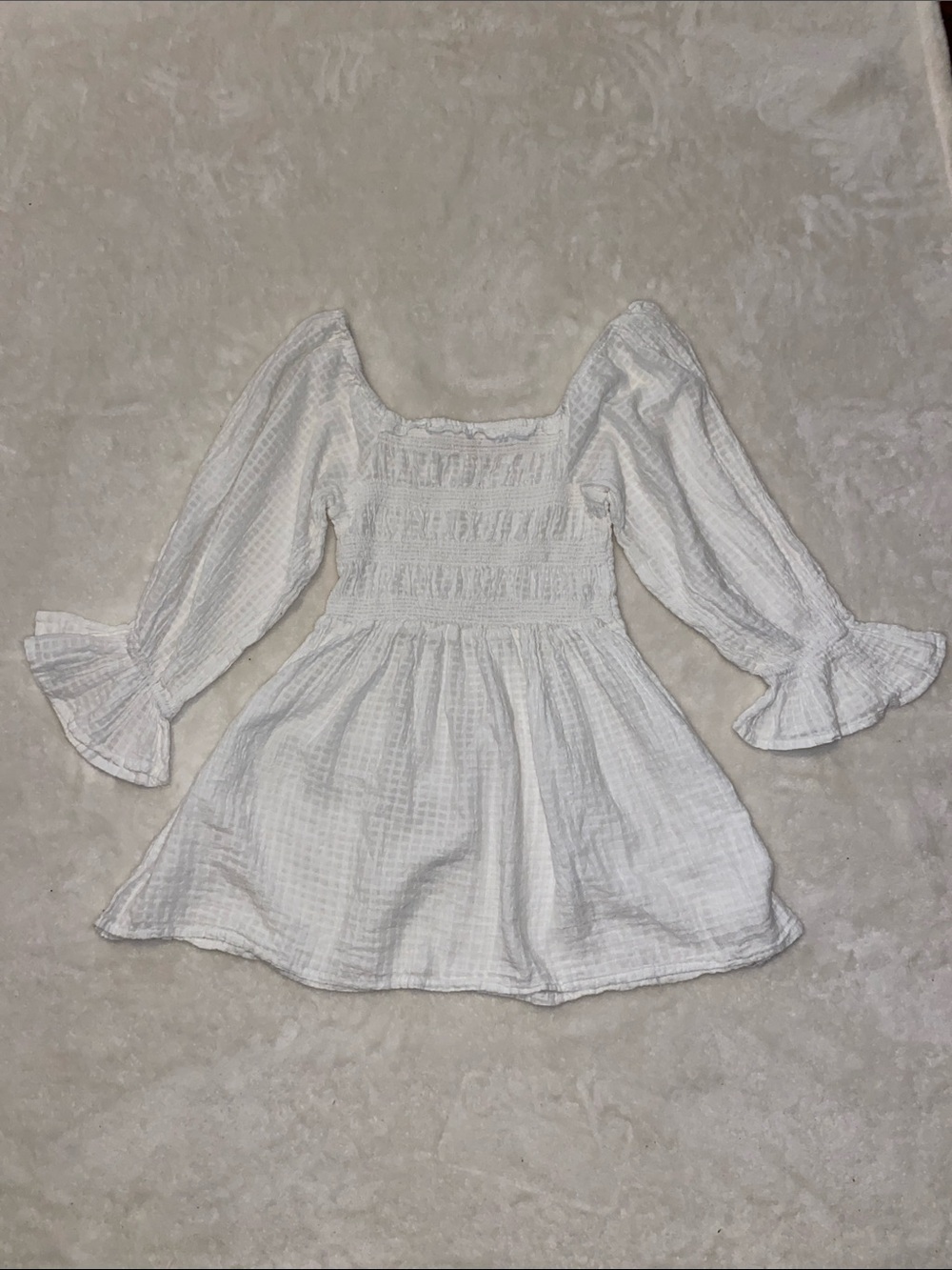 White Smocked Square-Neck Blouse with Flared Bishop Sleeves
